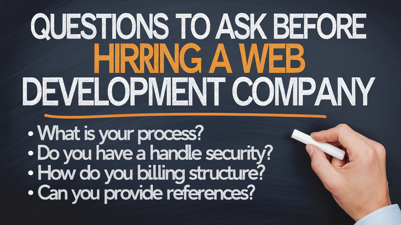 Hand writing questions to ask before hiring a web development company on a chalkboard, including process, security, billing, and references.