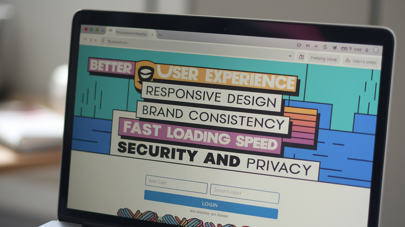 Laptop screen showing key elements for a successful website for startups, including user experience, responsive design, brand consistency, fast loading speed, and security and privacy.