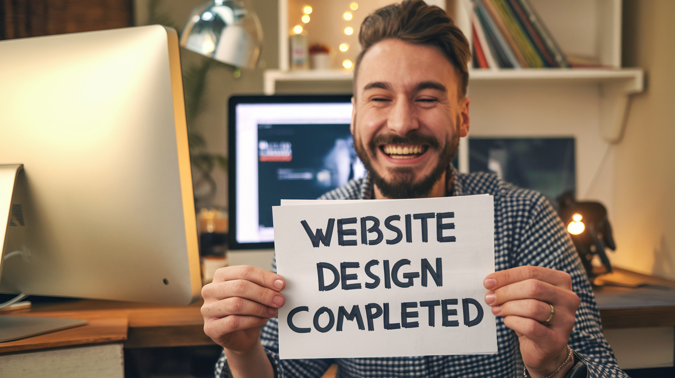 Smiling man holding a sign that says "Website Design Completed" – an inspiration for those learning how to make your own website.