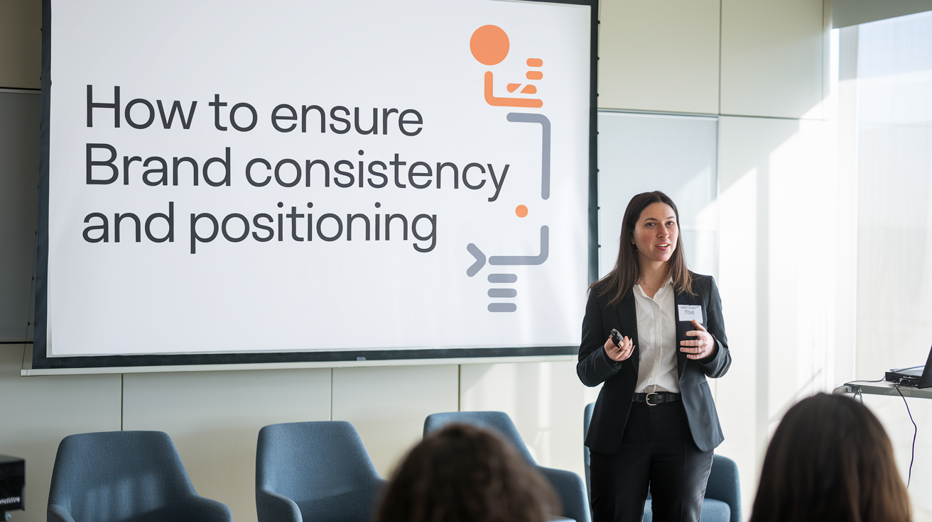 Professional presenting on how to ensure brand consistency and positioning in a business setting.