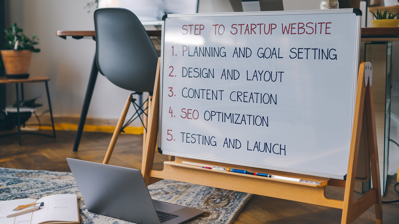 Whiteboard listing steps to create a successful website for startups: planning, design, content creation, SEO optimization, and testing.