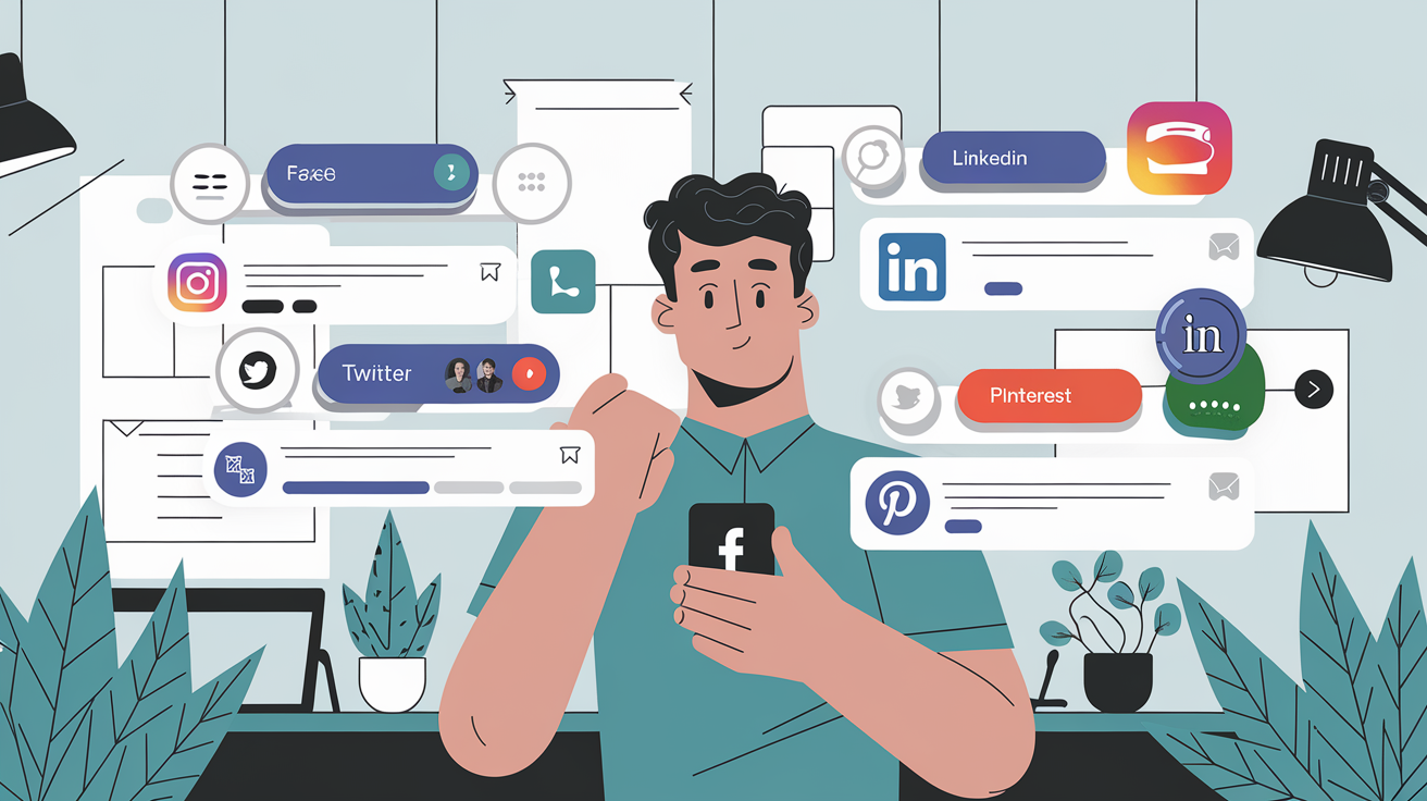 A person interacting with social media platforms like Facebook, Twitter, Instagram, and LinkedIn, symbolizing digital branding and online presence.