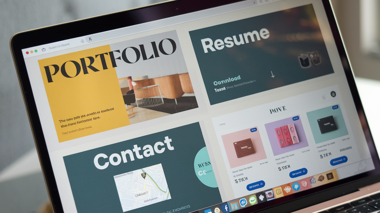 Portfolio and contact sections displayed on a website design layout.