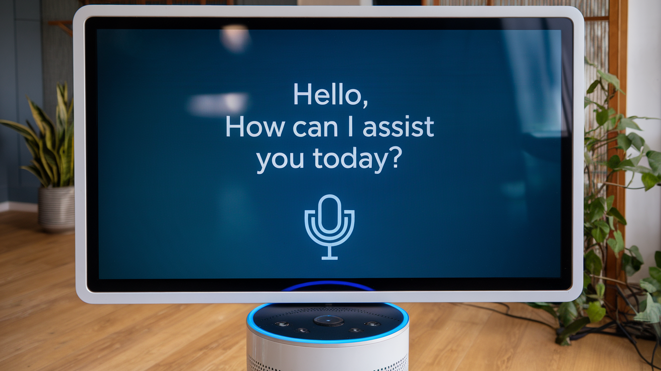 Voice-activated chatbot interface on a large screen with a microphone icon, asking 'How can I assist you today?