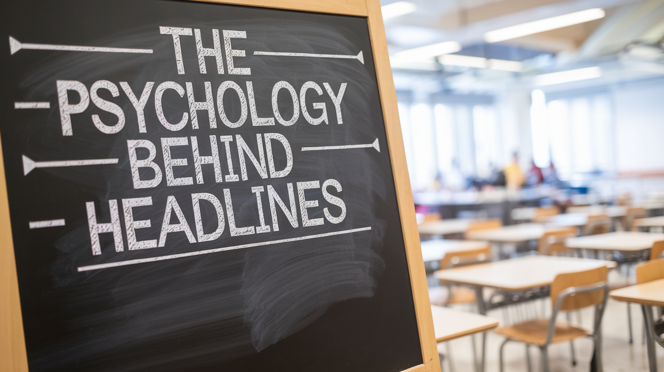 A classroom chalkboard displaying the text "The Psychology Behind Headlines," with blurred desks and chairs in the background.