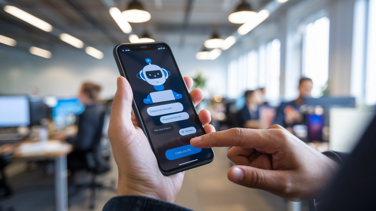 Person interacting with an AI chatbot on a smartphone in a modern office setting.