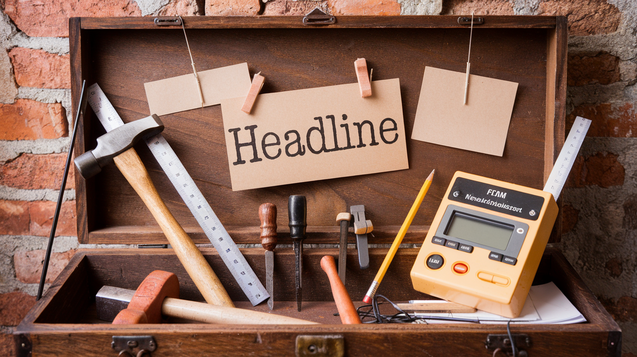 A wooden toolbox filled with tools like a hammer, ruler, and measuring device, with a card labeled "Headline" clipped inside.