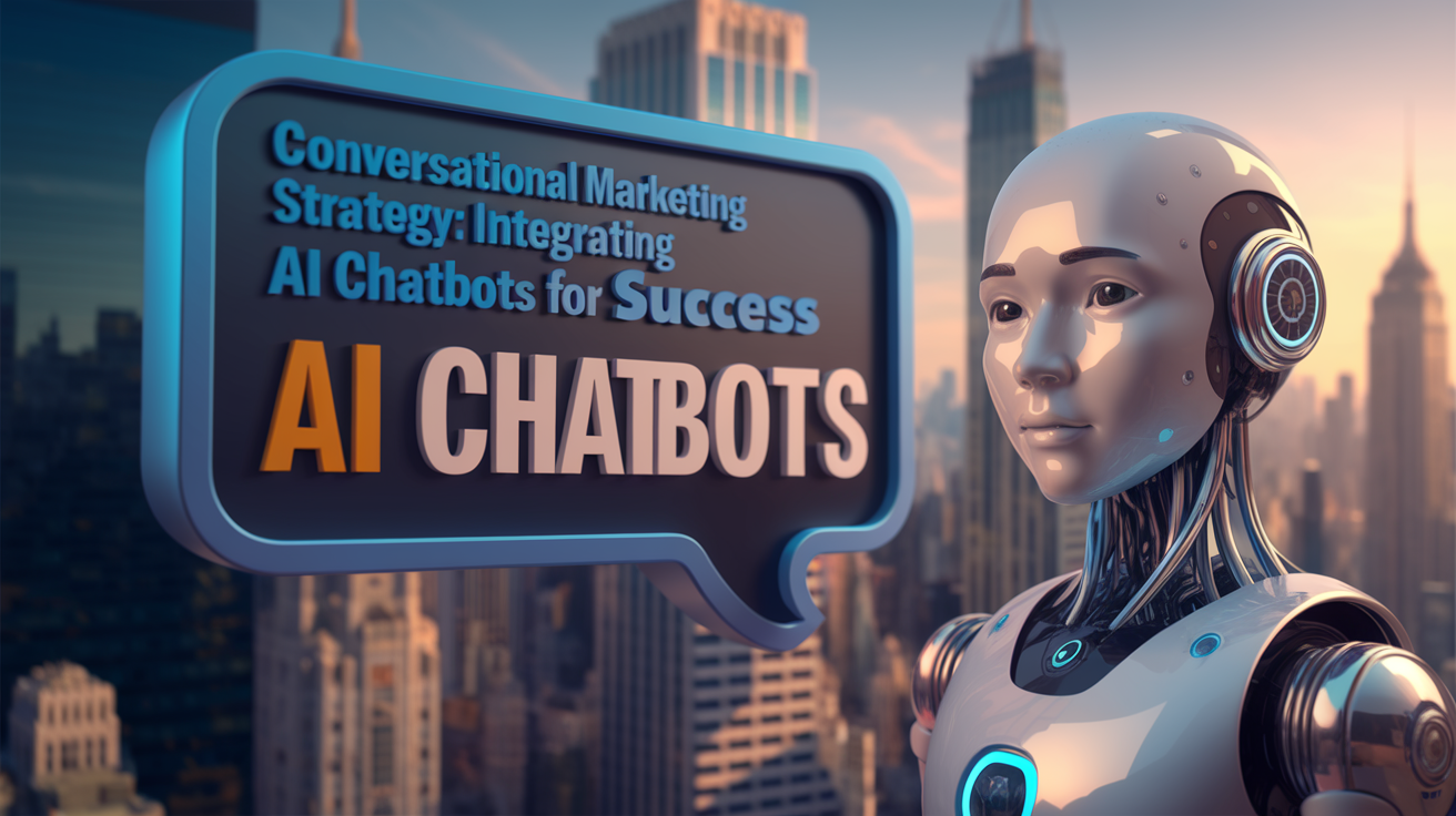 AI Chatbot in cityscape background with text: Conversational Marketing Strategy: Integrating AI Chatbots for Success