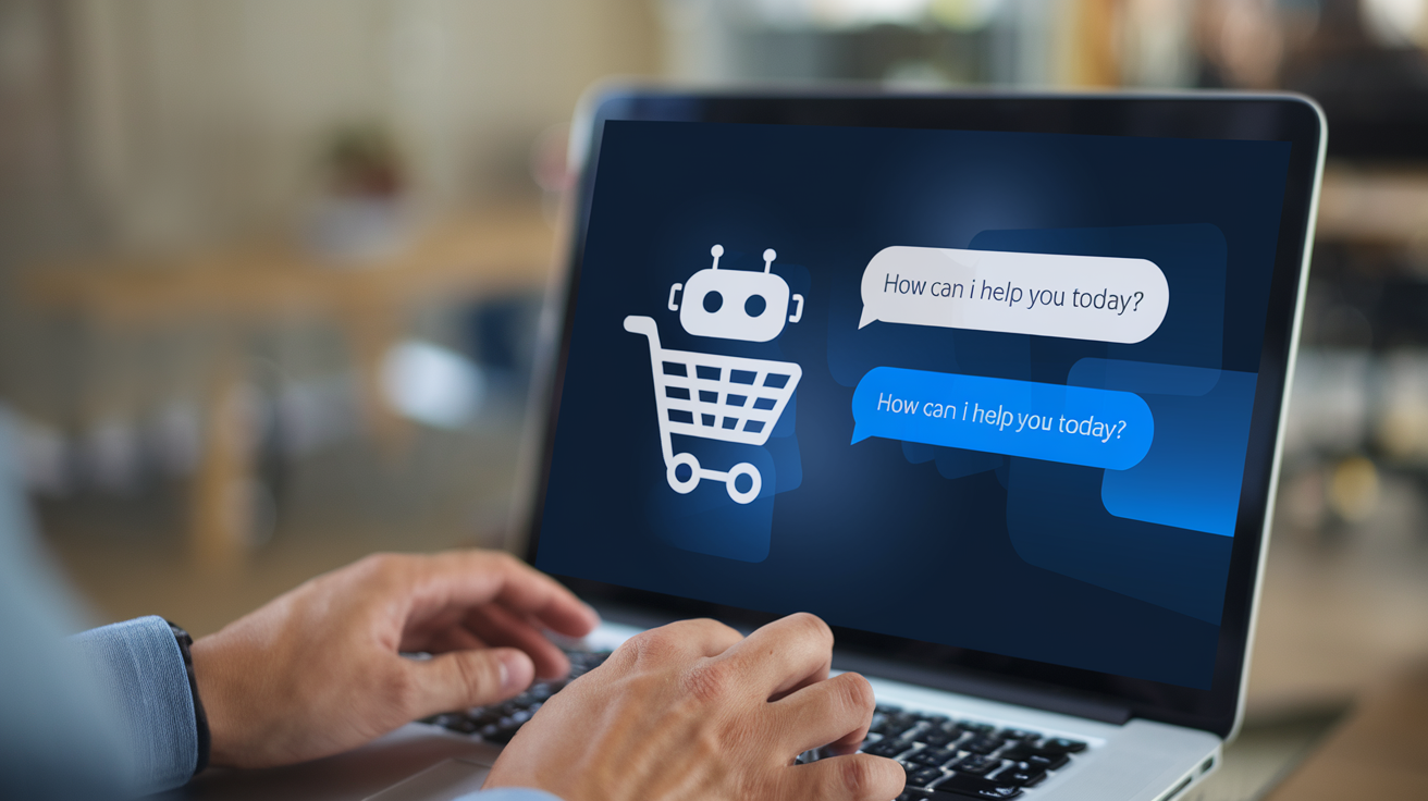 Person using laptop with AI chatbot interface for conversational commerce, displaying a shopping cart icon and chat bubbles.