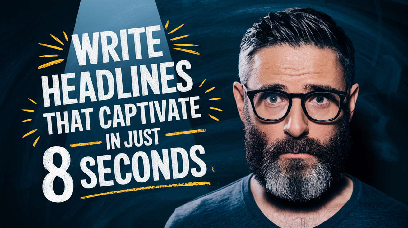 A man with glasses and a beard looking directly at the camera, with the text "Write Headlines That Captivate in Just 8 Seconds" in bold lettering on a chalkboard-style background.