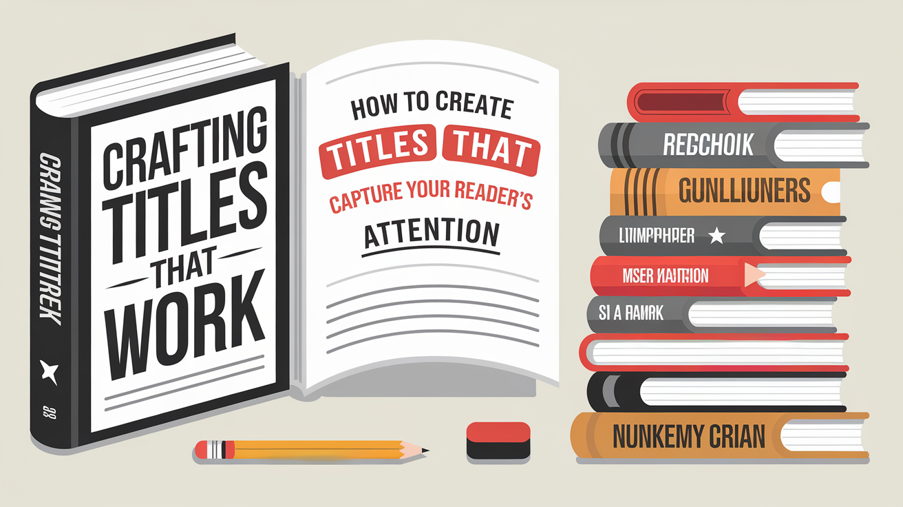 Illustration of books, one titled "Crafting Titles That Work," with an open page showing "How to Create Titles That Capture Your Reader's Attention," alongside a pencil and eraser.