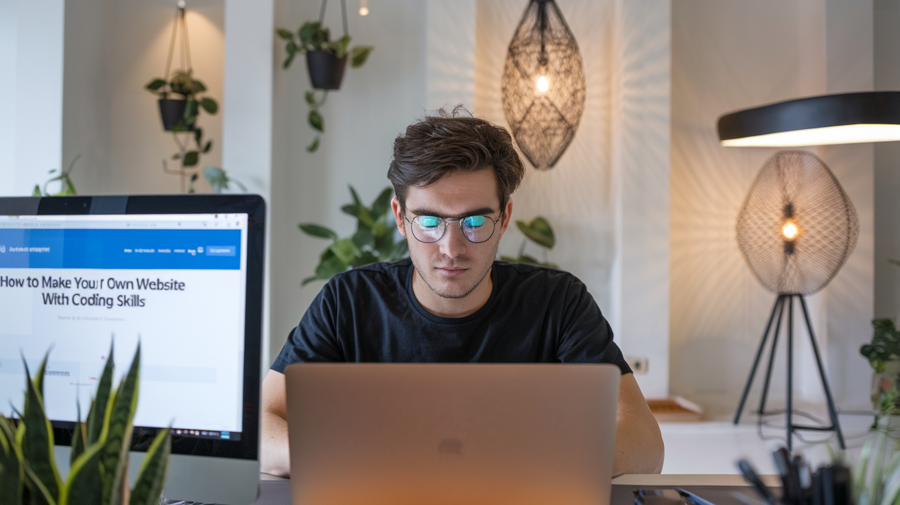 Young man learning how to make your own website with coding skills on his computer.